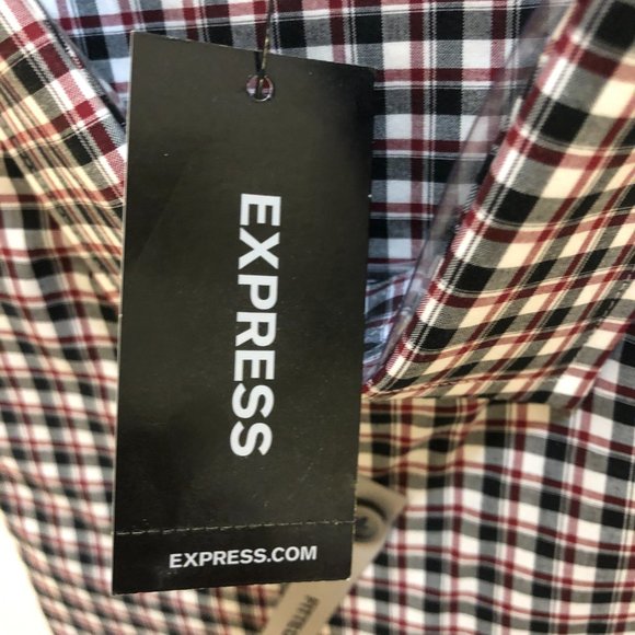 Express 1MX Men's Fitted Cotton Plaid Slim Dress Shirt Large Black Red NEW - Picture 3 of 6